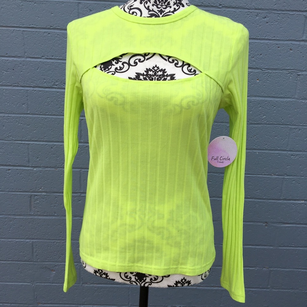 Full Circle Neon Yellow Slit Front long sleeve Top